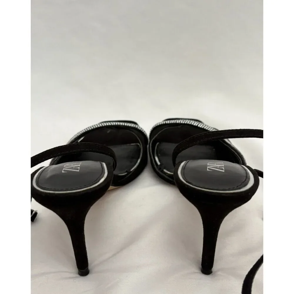 Zara Black Suede Rhinestone Detailed Heels Strappy Size 8.5 EU 39 Classy Formal